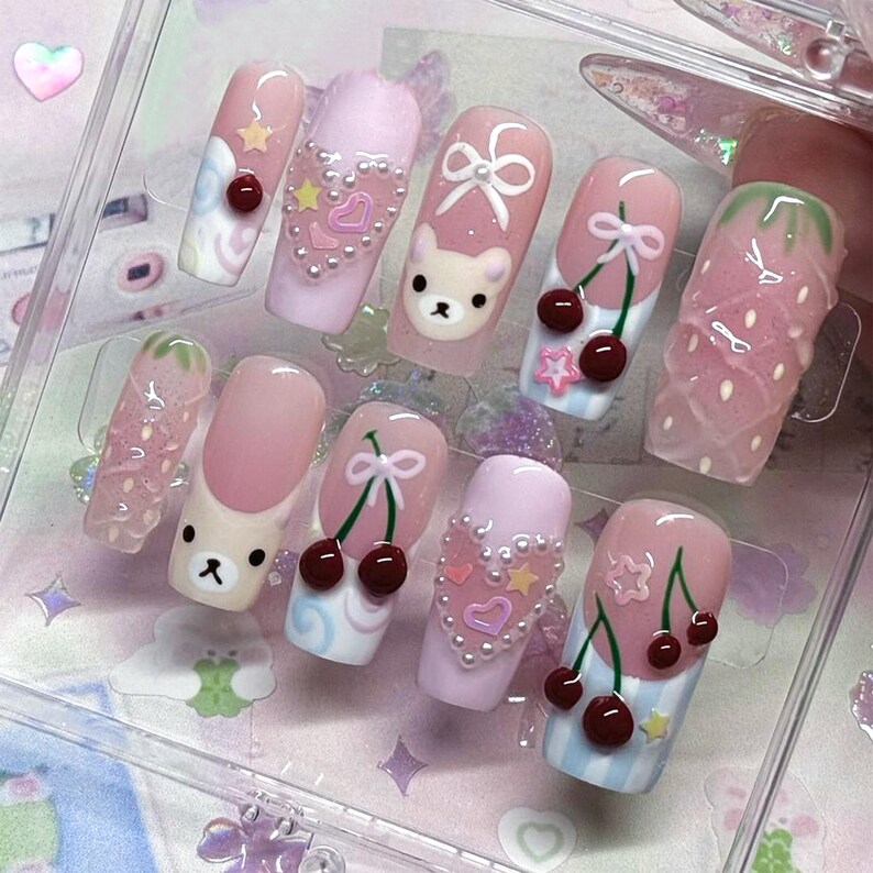 Kawaii 3D Press-On Nails, Cute Rilakkuma, Cherry, and Strawberry Nail Art, Playful Kawaii Press On Nails, Cherry on Fake Nails, Press Ons image 2
