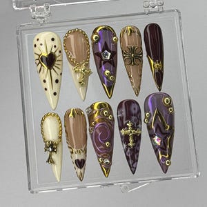 Gothic Baroque Press-On Nails | Purple and Gold Nail Art with Cross and Heart Accents, Luxury Gothic Press-On Nails, Gothic Nails, Y2k Nails