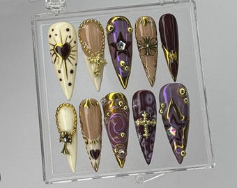 Gothic Baroque Press-On Nails | Purple and Gold Nail Art with Cross and Heart Accents, Luxury Gothic Press-On Nails, Gothic Nails, Y2k Nails