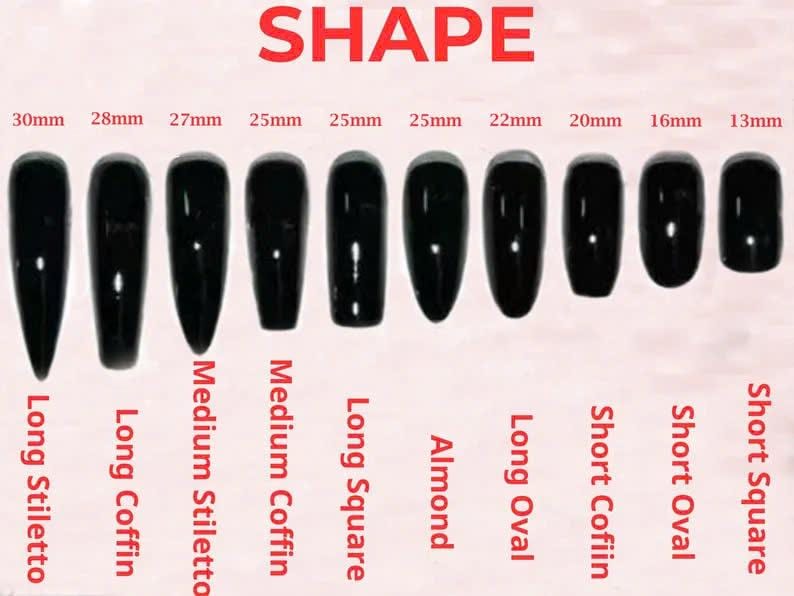 Puede incluir: Un gr&aacute;fico que muestra diferentes formas y tama&ntilde;os de u&ntilde;as, con medidas en mil&iacute;metros. Las formas incluyen stiletto largo, ata&uacute;d largo, stiletto mediano, ata&uacute;d mediano, cuadrado largo, almendra, &oacute;valo largo, ata&uacute;d corto, &oacute;valo corto y cuadrado corto.