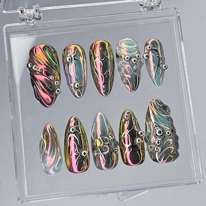 Chrome Hologram Press On Nails, Handcrafted Chrome Nails, Colorful Metallic Press On Nail Art, Holographic Nail Art, Y2k Nails, Gothic Nails