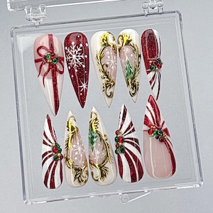 Luxury Christmas Press On Nail Set, Handcrafted Festive Christmas Nails, Handmade Christmas Nail art set, Red press on nail, xmas gift