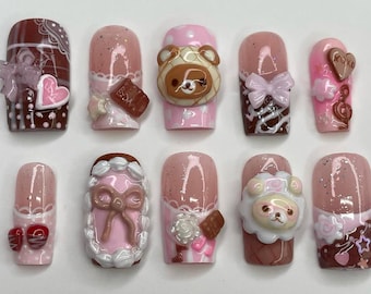 Adorable 3D Bear Press On Nails, Kawaii Chocolate Press On Nails, Cute Dessert Press On Nails, korilakkuma nails, Bear Designs Fake Nails