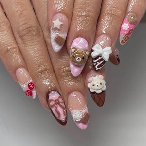 Adorable 3D Bear Press On Nails, Kawaii Chocolate Press On Nails, Cute Dessert Press On Nails, korilakkuma nails, Bear Designs Fake Nails