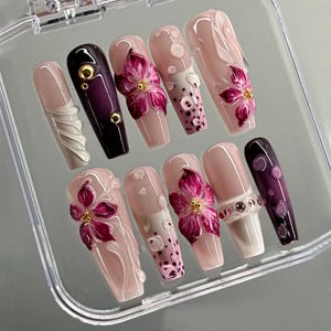 Luxury 3D Floral Press On Nails, Elegant Purple and Pink Nail Set, 3D Flower Nail Art, Long Coffin Press On Nails in Purple, Nails press on