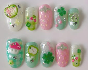 Kawaii Pastel Press On Nails, Green Apple Strawberry Nail Set, 3D Fruit Cute Nails, Korean Jelly Nails, Y2K Nails