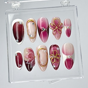 Burgundy and Pink Floral Nail Art with 3D Details, Elegant Floral Press On Nails, Red Wine Nail Set, Romantic Press On Nail, Valentine Nails