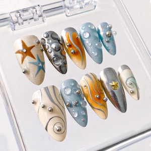 Ocean Fantasy Press On Nails, 3D Bubble & Starfish Nail Art, Beach Nails, Ocean Nails, Handmade Chrome Nails for Summer Vibes, Summer nails