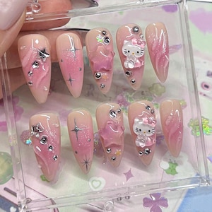 Hello Kitty-inspirierte Nagelkunst: Entzückender Rosa Ombre Magic Nails Anhänger, Rosa Press On Nails, Frühlingsnägel, Muttertagsgeschenk, Künstliche Nägel