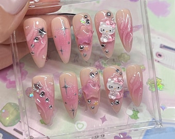 Hello Kitty-Inspired Nail Art: Adorable Pink Ombre Magic Nails Charm, Pink Press On Nails, Spring Nails, Mother day gift, Fake Nails