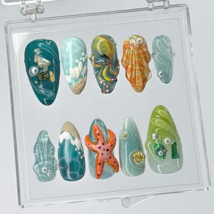 Summer Ocean Press On Nails Almond, 3D Beach Theme with Seashells and Starfish, Handmade Press On Nails for Summer Vibes, Ocean nails