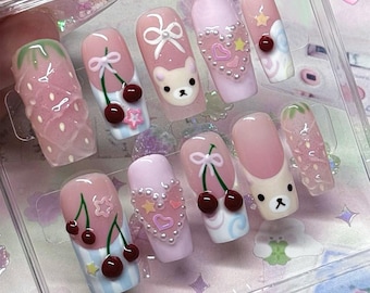 Kawaii 3D Press-On Nails, Cute Rilakkuma, Cherry, and Strawberry Nail Art, Playful Kawaii Press On Nails, Cherry on Fake Nails, Press Ons