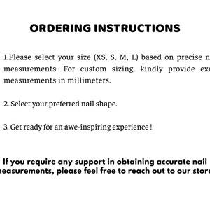 Puede incluir: Instrucciones de pedido para u&ntilde;as personalizadas. Selecciona tu talla (XS, S, M, L) o proporciona medidas exactas en mil&iacute;metros. Elige la forma de u&ntilde;a que prefieras. &iexcl;Prep&aacute;rate para una experiencia incre&iacute;ble! Si necesitas ayuda con las medidas, ponte en contacto con la tienda.