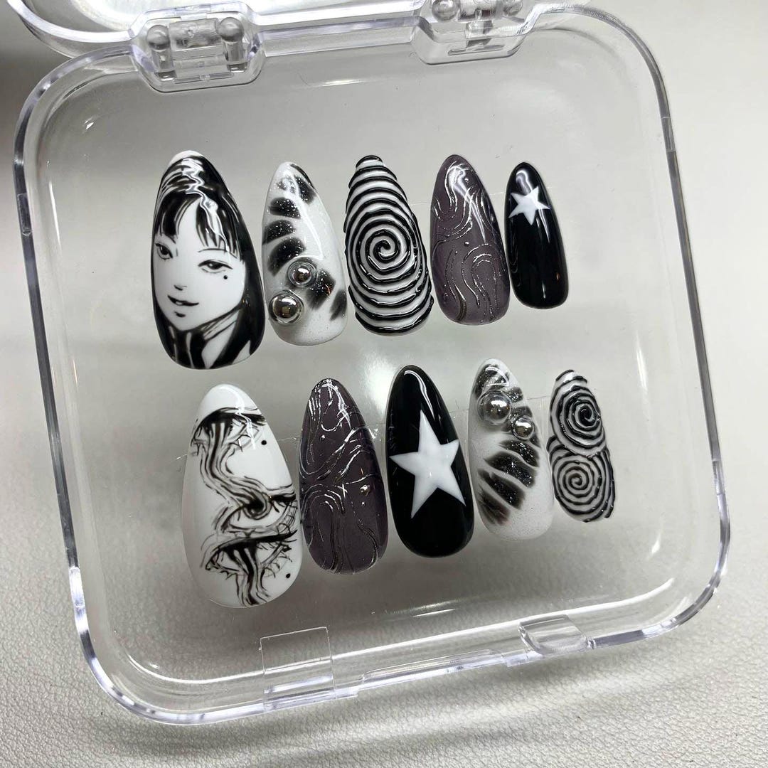 Anime Inspired Press-on Nails, Hand-painted Black and White Horror Nail Art, Gothic Press-on Nails With Spiral, Press Ons Gift for Her - Etsy Japan