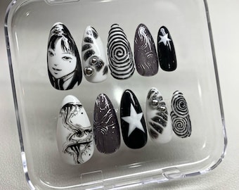 Anime Inspired Press-On Nails, Hand-Painted Black and White Horror Nail Art, Gothic Press-On Nails with Spiral, Press Ons Gift for her