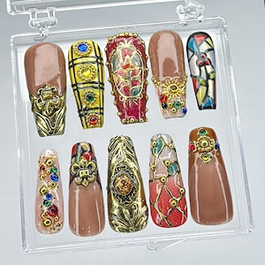 Press-On Nails Vitreaux with Stained Glass, Baroque 3D Fake Nails in Long Square, Handmade Gothic Nail Art for Holiday, Stained Glass Nails