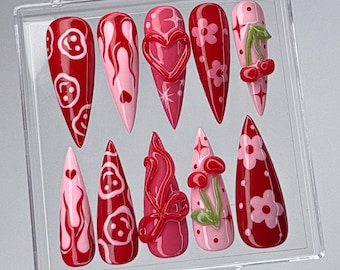 Cherry Blossom Inspired Press On Nails, Handmade Valentine's Nail Art, Handmade Red and Pink Press On Nails with Cherry on Fake Nails