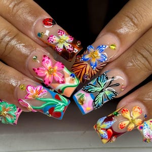 Vibrant 3D Flower Press On Nails, Hand Painted 3D Butterfly Nails, Unique Floral Press On Nail Set, Colorful Summer Nails, Tropical Nails
