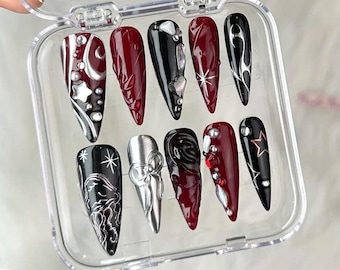Luxury Black 3D Press On Nails, Red Press On Nails Unique Design, Nail Art, Y2k Nails, Acrylic Nails, Nails press on, Gift for her