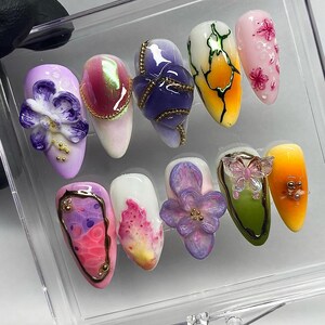 Artisan Floral Press-On Nails Set, Unique 3D Nail Art, Trendy Floral & Butterfly Design on Fake Nails, Dreamy Nails, Spring nails, Press ons