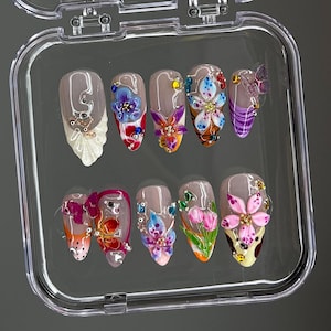 Colorful Flower Garden Press On Nails, Vibrant Bloom Fake Nails, Butterfly & Flower Nail Art, Floral Fantasy Acrylic Nails, Spring nails