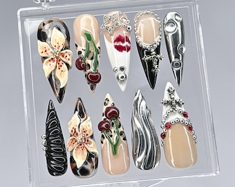 Luxury 3D Press-On Nails with Cherry, Floral, Leopard French tips Press On Nails, 3D Flowers with Rhinestones Acrylic Nails, Gothic Nails