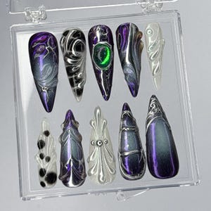 Mystical Press on Nails, Gothic Chrome Press On Nails, Metallic Purple and Silver Nail Art, Silver & Purple Galaxy Press Ons, Y2k Nails