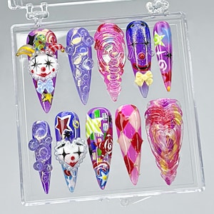 Pierrot Clown Press-On Nails, Gothic Nails, Handmade Harlequin & Clowncore Nail Art, Carnival Nail Art, Colorful Clown Nails, Holiday nails