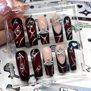 Gothic-Inspired Nail Set with 3D Globe Charms, Elegant Red and Silver Press On Nails, Luxury Press On Nails, Deep Red Nail Art, Nail Charms