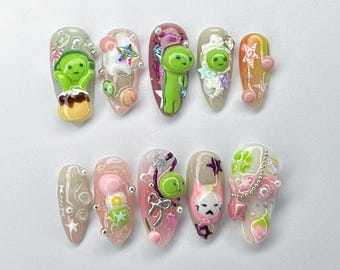 Whimsical Kawaii Smiski Press On Nails, Cute Alien & Dessert Aesthetic, Harajuku Nail Art, Playful Green Nail Set, Kawaii Nail, smiski nails
