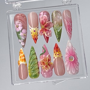 Serect Garden Long Stiletto Press On Nail, Trending 3d Flower Design Nail Art,Fake/Flase Nail for Birthday Holiday Vacation Nail