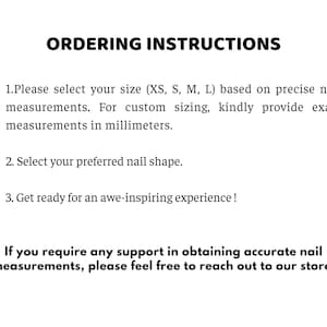 May include: White background with black text detailing ordering instructions. The text includes steps for selecting nail sizes (XS, S, M, L) based on measurements in millimeters, choosing nail shapes, and a call to action. Contact information is also provided.