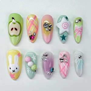 Harajuku Japanese Fake Nails, Kawaii Miffy Bunny & Apple Press-On Nails, Pastel Aesthetic Nails, Reusable Nails, Cute Nails, Press Ons