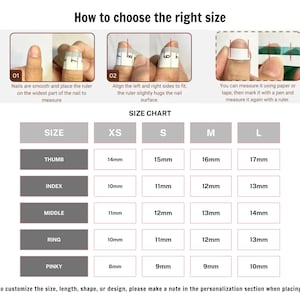 Puede incluir: Una tabla de tallas para puntas de u&ntilde;as, que muestra las medidas en mil&iacute;metros para cada dedo: pulgar, &iacute;ndice, medio, anular y me&ntilde;ique. La tabla incluye las tallas XS, S, M y L.