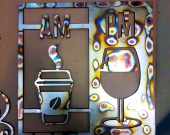 Stainless steel Coffee cup and Wine glass heat colored. AM,PM