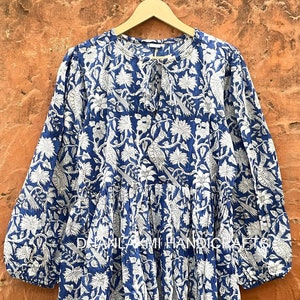 Hand Block Printed Indian Cotton Dress, Bird Print Tunic