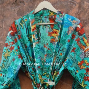 Sea Green Frida Print Bath robes, wrap dress, House Coat Robe - Indian 100% Cotton kimono Robe, Bikini Cover up robes - Dressing Gown Kimono