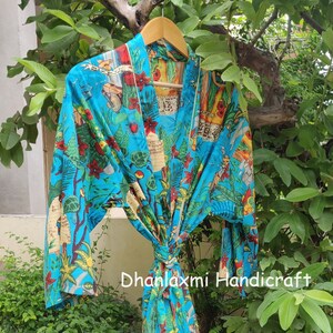 ハンドメイドコットン着物、夏用レディースロングガウン、フリーダ・カーロプリント着物（ベルト付き）、バスローブ、ビーチカバーアップ、パジャマ、