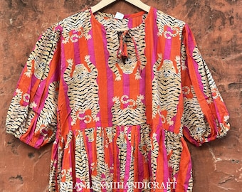 Indian Soft 100% Cotton Fabric Dress, Tiger Block Print Short Sleeve Dress, Summer Wrap Dress, Bohemian Style Dress, Party Wear Dress DH-100
