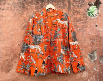 Indian Block Print Kantha Jacket, Tiger Animal Print, Quilted Kimono Overcoat
