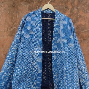 Veste kantha en coton indigo, imprimé blocs de main, manteau matelassé bohème