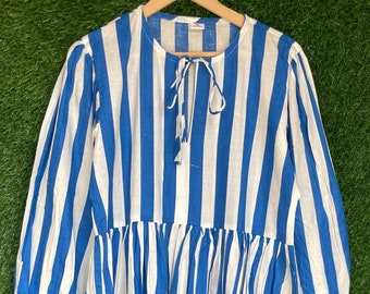 Handmade Cotton Maxi Dress – Blue White Striped Block Print Bohemian Gown