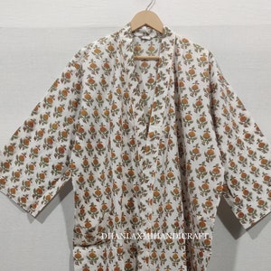 Indyjska bawełniana sukienka kimono, kimono z nadrukiem blokowym, szlafroki dla druhen, szlafrok boho, szlafrok kimono, szlafroki nocne, HBR-11