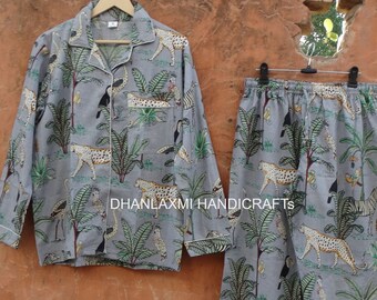 ハンドメイドのジャングルプリントコットンパジャマセット、レディーススリープウェア