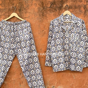 Cotton Handmade Ikat Print Pyjamas Sets, Summer Pjs Sets, Women&#39;s Long Pajama Sets, Loungewear, Plus Size Pjs, Bridesmaid Pjs,