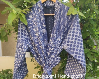 Indigo Kantha Robe, Patchwork Cotton Kimono Style Maxi Gown