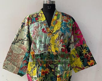 Katoenen patchwork kimonobadjas kantha, boho beach cover-up, badjassen,