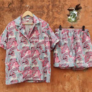 Summer Handmade Short Pyjama Sets, 100% Cotton Leaf Printed Pjs, Unisex Pajama Set, Boho Hippies, Women&#39;s Sleepwear, Night Wear,