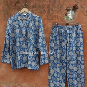 Hand Block Print Pyjama Sets, Cotton Summer Long Pyjama Suit, Hand Stitched Pyjama Shirts, Women&#39;s Sleepwear, Loungewear, Bridesmaid Gifts