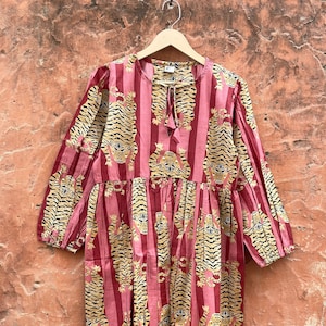 Damen Kleid Kleid, 100% Baumwolle Langes Kleid, Tiger Print Dressing Maxi, Hand-Block Gedruckt Hippie Wrap, Sommerkleid, Boho Outfits, DH-83
